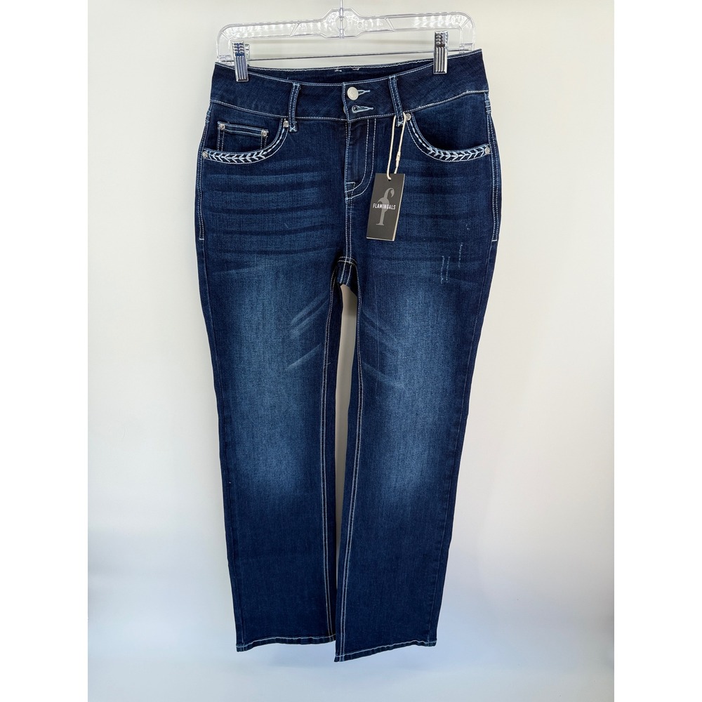 Flamingals Womens Embroidered Pocket Straight Leg Jeans Dark Wash Blue NWT